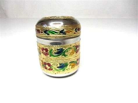 Indian Metal Tin Jar Box Hand Worked Floral Trinket Keepsake 